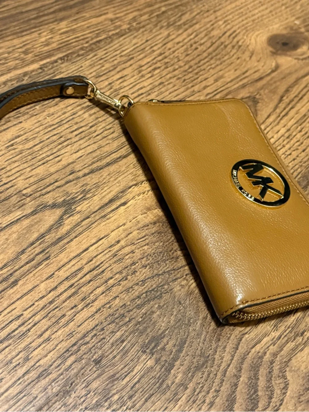 Michael Kors Tan Brown Leather MK Logo Zip Wristlet